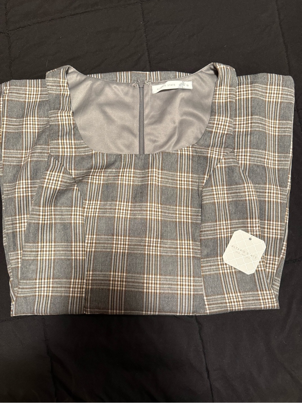 Altar'd State Plaid Square-Neck Tunic in Gray and Tan